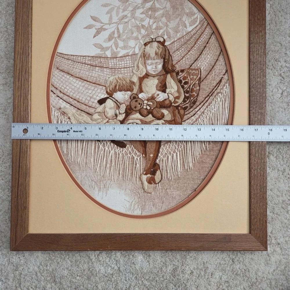 Vintage Crewel Embroidery Framed Art Children in Hammock Teddy Bear Cottagecore